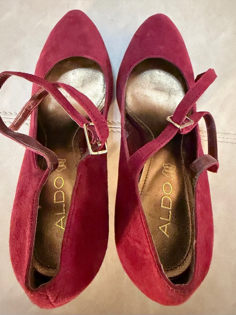 ALDO Burgundy Suede Gold Stiletto Heels Ankle Strap EU 40 (US 9/9.5)